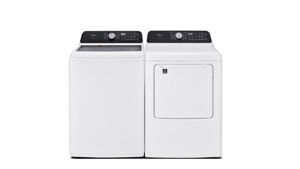 Un combo de lavadora y secadora, de colores blanco y negro, mostrado uno al lado del otro sobre un fondo blanco sólido.