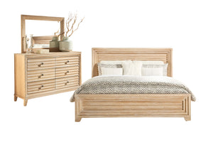 Conjunto de muebles de dormitorio de madera con cama y gavetero con espejo sobre fondo blanco.