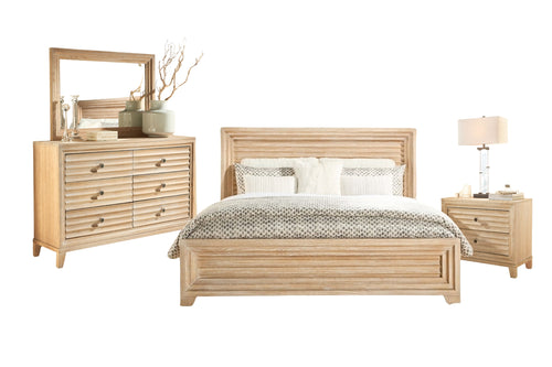 Conjunto de muebles de dormitorio color beige con cama, gavetero con espejo y mesita de noche sobre fondo blanco.