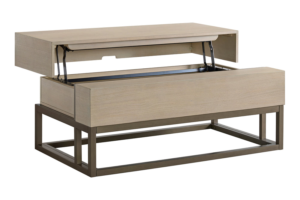 Mesa de centro beige con acabado de madera sobre fondo blanco.