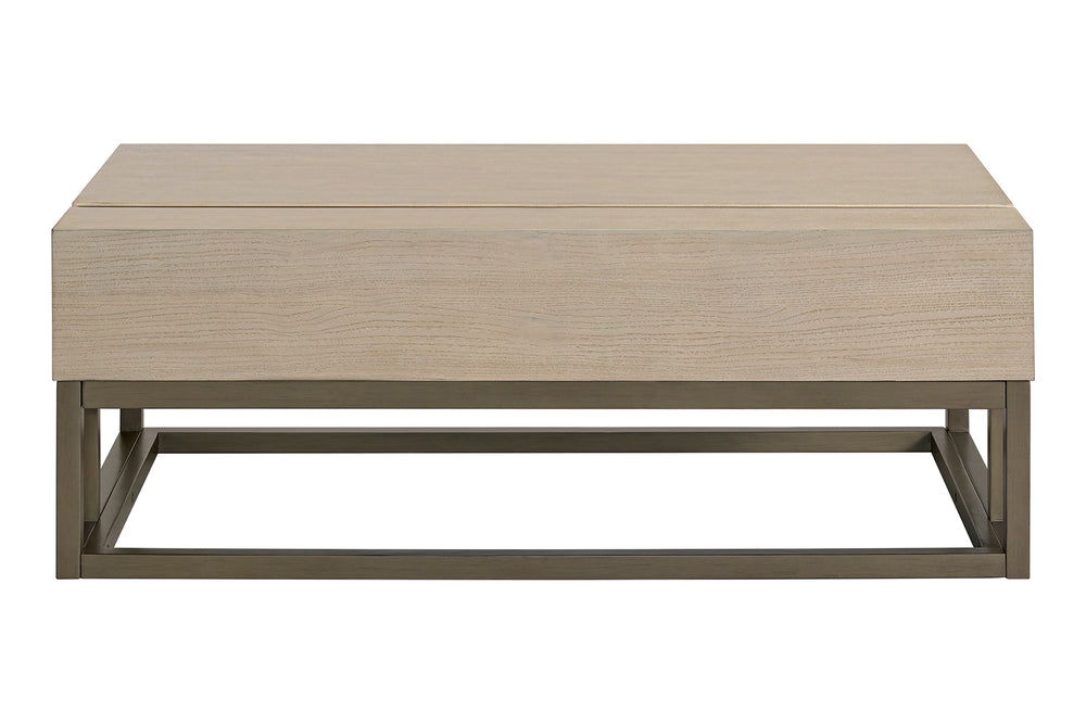 Mesa de centro beige con acabado de madera sobre fondo blanco.