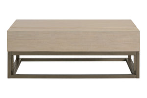 Mesa de centro beige con acabado de madera sobre fondo blanco.