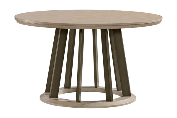 Mesa redonda con tablero beige y patas marrón oscuro sobre fondo blanco.