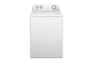 Secadora blanca con panel de control azul sobre fondo blanco