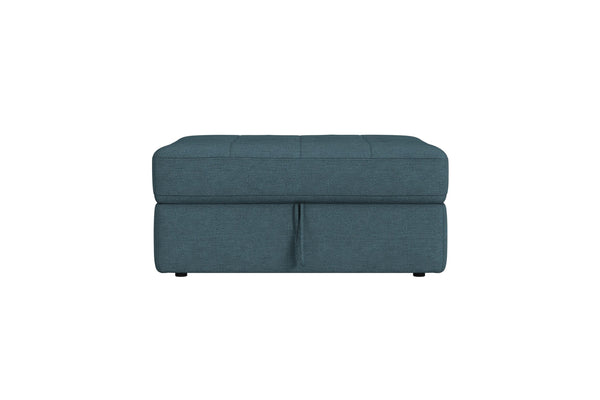Ottoman de color turquesa con almacenamiento de forma cuadrada sobre un fondo blanco. 