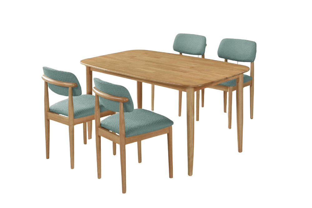 Juego de mesa de comedor con cuatro sillas sobre fondo blanco.