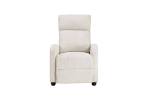 Silla reclinable crema sobre un fondo blanco. 