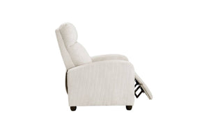 Vista lateral de silla reclinable crema sobre un fondo blanco. 