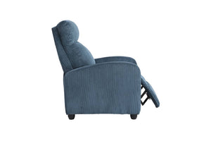 Vista lateral de silla reclinable azul sobre un fondo blanco. 