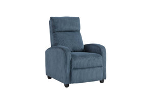 Silla reclinable azul sobre un fondo blanco. 