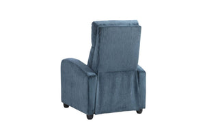 Vista posterior de silla reclinable azul sobre un fondo blanco. 