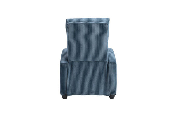 Vista posterior de silla reclinable azul sobre un fondo blanco. 