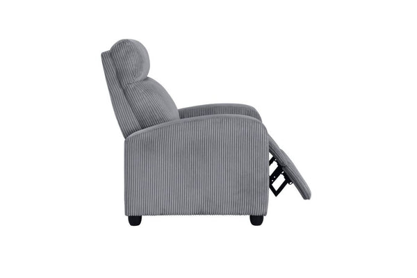 Vista lateral de silla reclinable gris sobre un fondo blanco. 