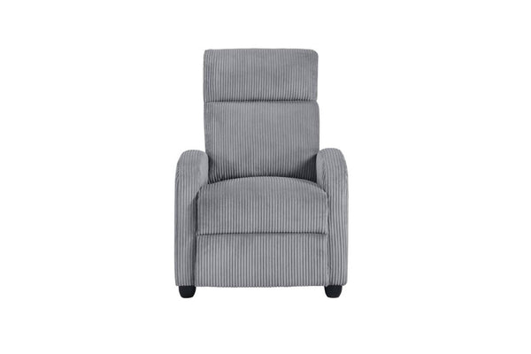 Silla reclinable gris sobre un fondo blanco. 