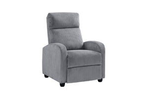 Silla reclinable gris sobre un fondo blanco. 