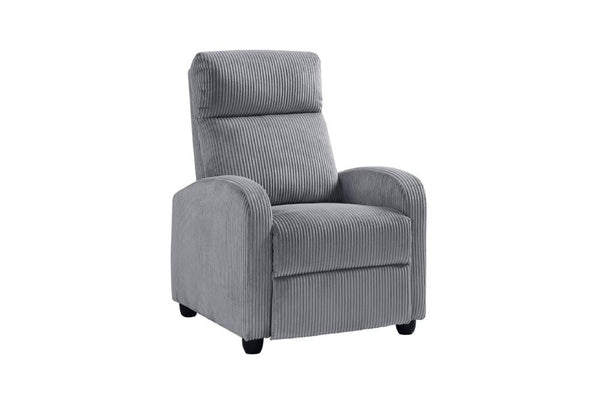 Silla reclinable gris sobre un fondo blanco. 