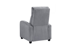 Vista posterior de silla reclinable gris sobre un fondo blanco. 