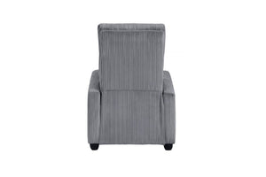 Vista posterior de silla reclinable gris sobre un fondo blanco. 