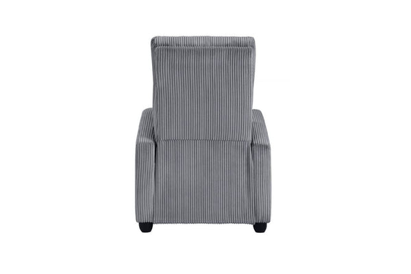 Vista posterior de silla reclinable gris sobre un fondo blanco. 