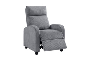 Silla reclinable gris sobre un fondo blanco. 