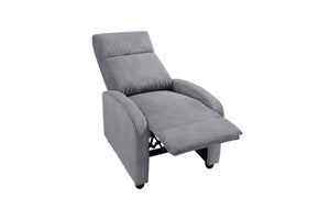 Silla reclinable gris sobre un fondo blanco. 