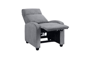 Silla reclinable gris sobre un fondo blanco. 