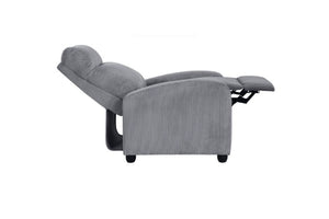 Vista lateral de silla reclinable gris sobre un fondo blanco. 