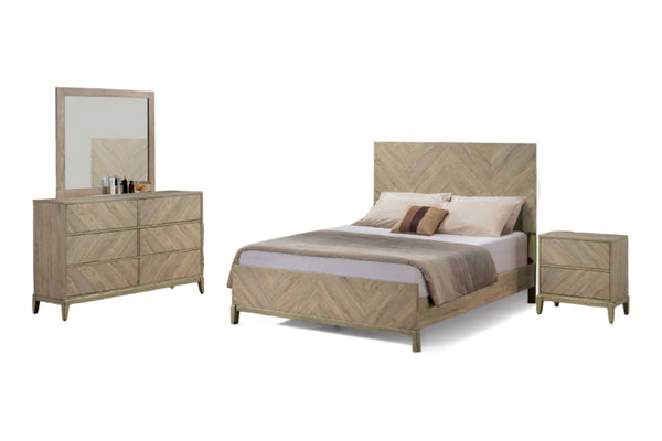 Juego de dormitorio en acabado de madera clara que incluye cama con cabecera alta, cómoda con espejo y mesa de noche de dos gavetas. La imagen presenta las piezas sobre fondo blanco para destacar el diseño y el acabado del conjunto.