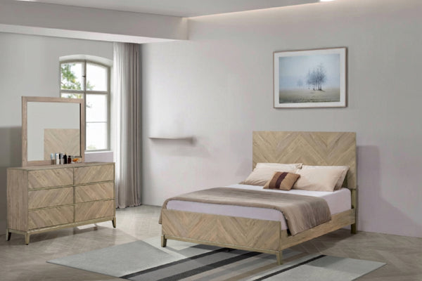 Dormitorio contemporáneo con cama y gavetero con espejo en acabado madera clara. Los muebles presentan un patrón geométrico tipo espiga, complementados por ropa de cama en tonos neutros y una decoración minimalista en un espacio luminoso.