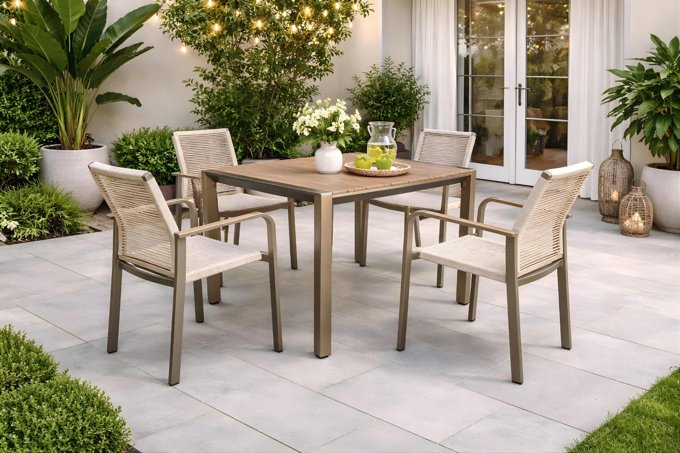 Conjunto de muebles de exterior color beige con una mesa y cuatro sillas en un ambiente de patio decorado. 