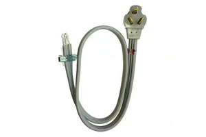Cable de alimentación eléctrica para estufa o secadora con enchufe de tres patas y terminales de conexión. Diseño flexible en color gris, utilizado para conectar electrodomésticos de alto voltaje a una toma de corriente compatible.