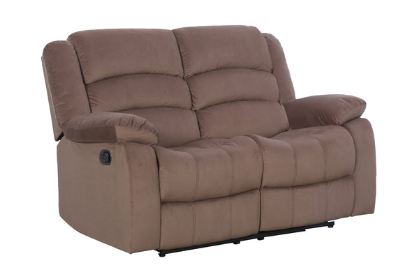 Loveseat reclinable marrón sobre fondo blanco.