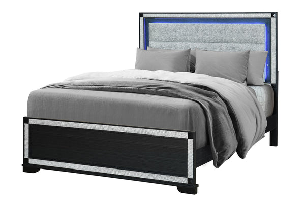 Cama con estructura de color negro con acolchado de color gris y con luces LED en cabecera de cama sobre fondo blanco.