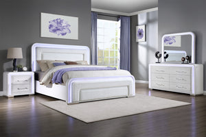 Dormitorio moderno con conjunto de muebles blancos, que incluye cama, mesitas de noche y gavetero con espejo.