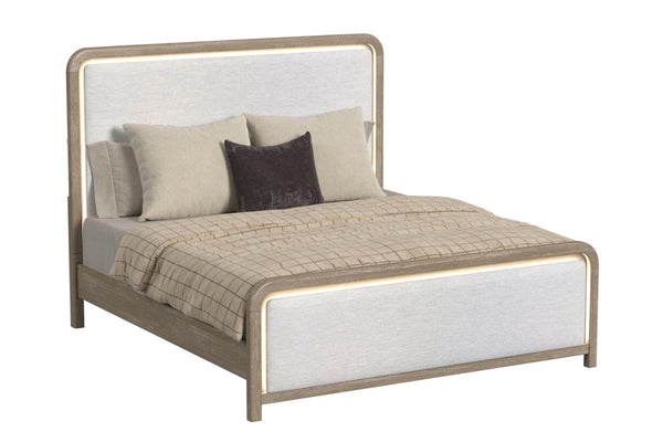 Cama integrada con luz LED de color marrón claro y blanco sobre un fondo blanco. 