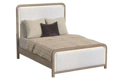 Cama integrada con luz LED de color marrón claro y blanco sobre un fondo blanco. 