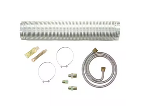 Kit de instalación para secadora de gas con conducto flexible de aluminio, manguera de conexión, abrazaderas y adaptadores. Incluye los componentes necesarios para la ventilación y conexión segura del electrodoméstico.