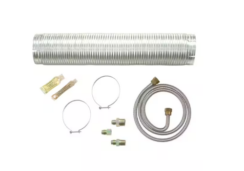 Kit de instalación para secadora de gas con conducto flexible de aluminio, manguera de conexión, abrazaderas y adaptadores. Incluye los componentes necesarios para la ventilación y conexión segura del electrodoméstico.