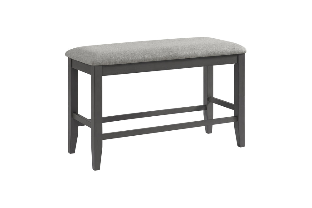 Bench "counter height" en marco negro con acolchado gris en un fondo blanco. 