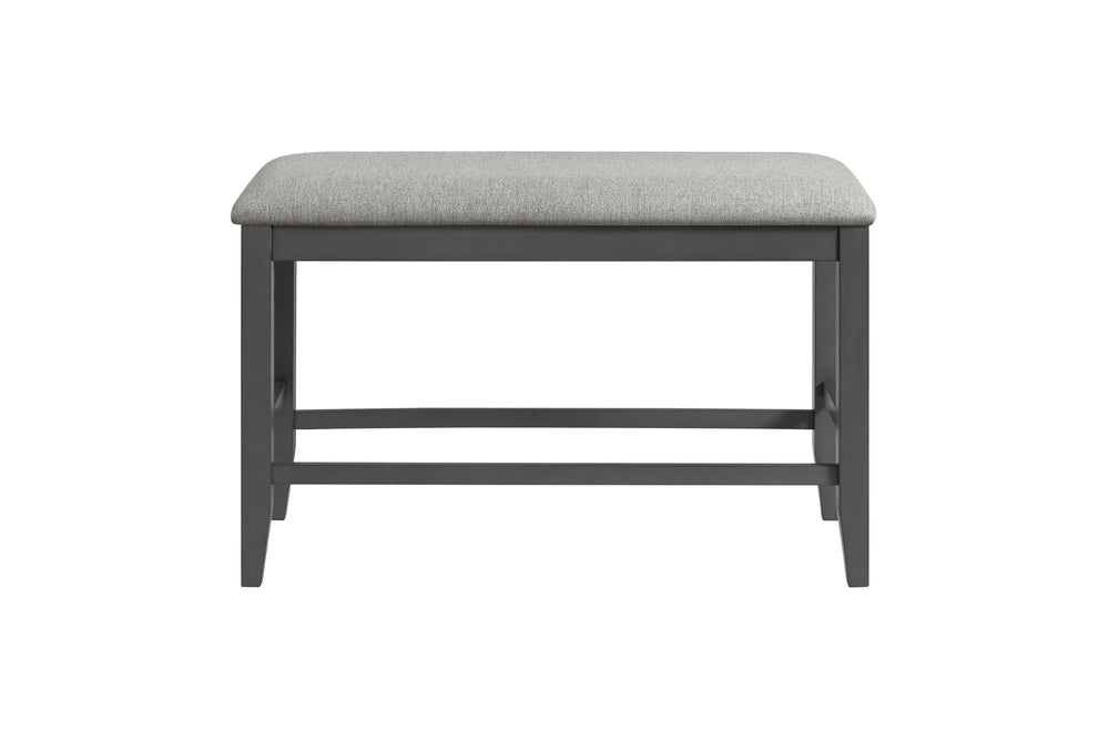 Bench "counter height" en marco negro con acolchado gris en un fondo blanco. 