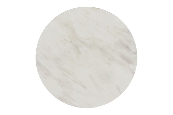 Tope de mesa redonda de mármol con un estampado jaspeado en gris claro y blanco sobre fondo blanco.