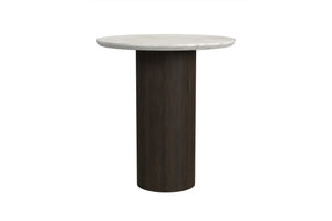 Mesa de esquina redonda con tablero blanco de mármol y base cilíndrica marrón oscuro sobre fondo blanco.