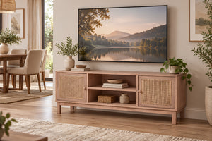 Un mueble para televisión de madera natural clara, con puertas de rejilla de mimbre y estantes abiertos, situado en una sala de estar luminosa bajo un televisor de pantalla plana montado en la pared que muestra un paisaje lacustre. El mueble está decorado con libros, una cesta y jarrones de cerámica.