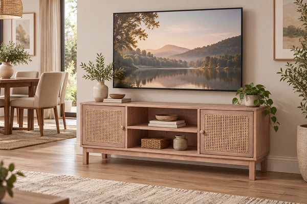 Un mueble para televisión de madera natural clara, con puertas de rejilla de mimbre y estantes abiertos, situado en una sala de estar luminosa bajo un televisor de pantalla plana montado en la pared que muestra un paisaje lacustre. El mueble está decorado con libros, una cesta y jarrones de cerámica.