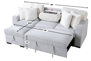 Sofá modular convertible tapizado en tela blanca texturizada con cojines acanalados decorativos, consola central con portavasos integrados y asientos extensibles tipo chaise longue. La imagen incluye dimensiones aproximadas de 89 pulgadas de ancho, 75 pulgadas de profundidad extendida, 46.5 pulgadas de chaise y 18 pulgadas de altura del asiento.