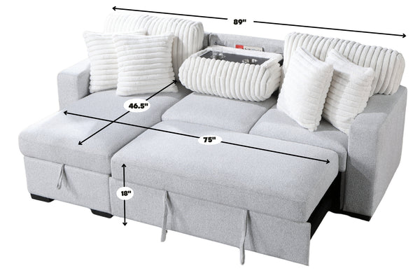 Sofá modular convertible tapizado en tela blanca texturizada con cojines acanalados decorativos, consola central con portavasos integrados y asientos extensibles tipo chaise longue. La imagen incluye dimensiones aproximadas de 89 pulgadas de ancho, 75 pulgadas de profundidad extendida, 46.5 pulgadas de chaise y 18 pulgadas de altura del asiento.