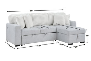 Sofá seccional compacto en forma de L tapizado en tela blanca texturizada con cojines decorativos acanalados y chaise longue integrada. La imagen incluye dimensiones aproximadas de 89 pulgadas de ancho, 57.5 pulgadas de largo del sofá principal, 46.5 pulgadas de profundidad de chaise, 32.5 pulgadas de profundidad lateral y 18 pulgadas de altura del asiento.