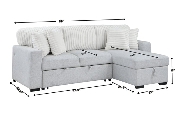 Sofá seccional compacto en forma de L tapizado en tela blanca texturizada con cojines decorativos acanalados y chaise longue integrada. La imagen incluye dimensiones aproximadas de 89 pulgadas de ancho, 57.5 pulgadas de largo del sofá principal, 46.5 pulgadas de profundidad de chaise, 32.5 pulgadas de profundidad lateral y 18 pulgadas de altura del asiento.