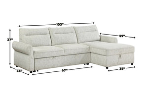 Sofá seccional con chaise en tela color marfil, respaldos acolchados y almacenamiento integrado bajo los asientos. La imagen incluye dimensiones: 103" de ancho, 59" de profundidad, 37" de alto y chaise de 35" de ancho.