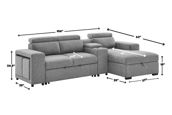 Sofá seccional modular en color gris claro con chaise longue, reposacabezas ajustables y consola central con portavasos. La imagen incluye medidas generales de ancho, profundidad, altura y dimensiones de los asientos sobre fondo neutro.